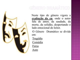 gênero dramático        Neste tipo de gênero vigora a exaltação do eu, onde o autor fala de amor, da saudade, da morte, da solidão, despertando o lado emocional do leitor.     O Gênero  Dramático se divide em:TragédiaComédiaFarsaAuto