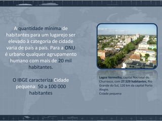 A quantidade mínima de
habitantes para um lugarejo ser
elevado à categoria de cidade
varia de país a país. Para a ONU
é urbano qualquer agrupamento
humano com mais de 20 mil
habitantes.
O IBGE caracteriza Cidade
pequena: 50 a 100 000
habitantes

Lagoa Vermelha, capital Nacional do
Churrasco, com 27.529 habitantes, Rio
Grande do Sul, 120 km da capital Porto
Alegre.
Cidade pequena

 