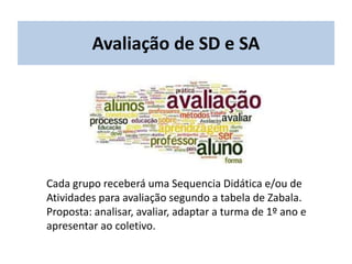 Avaliação de SD e SA
Cada grupo receberá uma Sequencia Didática e/ou de
Atividades para avaliação segundo a tabela de Zabala.
Proposta: analisar, avaliar, adaptar a turma de 1º ano e
apresentar ao coletivo.
 