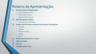 Roteiro de Apresentação:
1.

2.
3.

4.
5.
6.
7.

Apresentação da Organização.

•
•
•

Estrutura Organizacional;
Missão, Visão e Valores;
Objetivos Organizacionais.

Metodologia de Análise.

•

Divisão de responsabilidades

Análise dos Processos (Estado Atual e Ações Estratégicas).

•
•
•
•
•

Hardware;
Software;
Telecomunicações;
Pessoas;
Dados.

Gráfico de Importância x Custo.
Mapa de Gantt.
Anexos
Considerações Finais

3

 