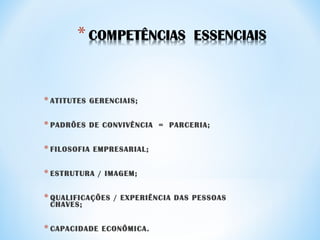 * ATITUTES GERENCIAIS;
* PADRÕES DE CONVIVÊNCIA = PARCERIA;
* FILOSOFIA EMPRESARIAL;
* ESTRUTURA / IMAGEM;
* QUALIFICAÇÕES / EXPERIÊNCIA DAS PESSOAS
CHAVES;
* CAPACIDADE ECONÔMICA.
 