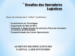 Busca de solução para “velhos” problemas :
*Investimento em Tecnologias
*Capacitação da Mão de Obra
*Ampliação e Modernização da estrutura física dos Armazéns
ou Centros de Distribuição
*Competitividade dos Custos Operacionais
AUMENTO SIGNIFICATIVO DO
CAPITAL A SER INVESTIDO
 