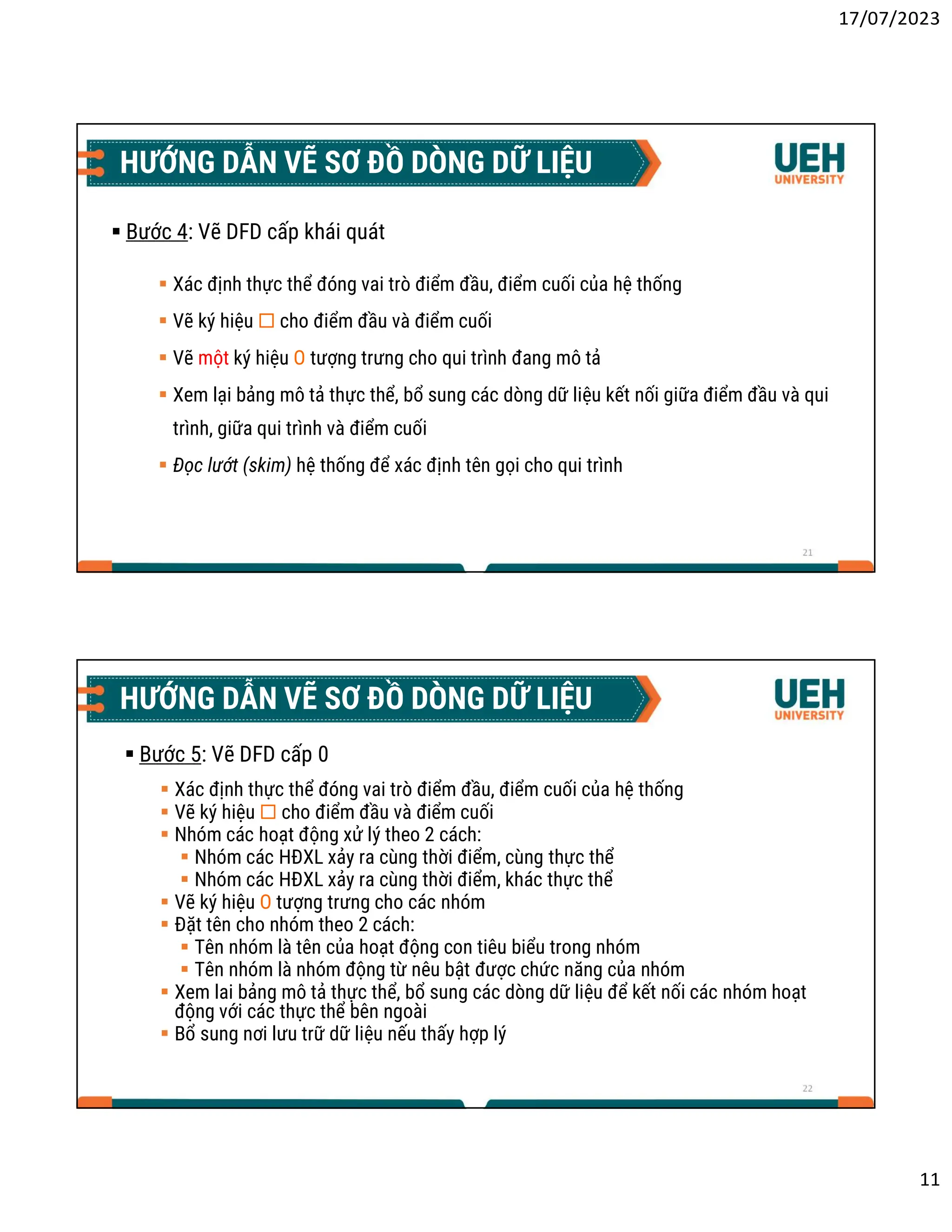 17/07/2023
11
21
HƯỚNG DẪN VẼ SƠ ĐỒ DÒNG DỮ LIỆU
 Bước 4: Vẽ DFD cấp khái quát
 Xác định thực thể đóng vai trò điểm đầu, điểm cuối của hệ thống
 Vẽ ký hiệu ☐ cho điểm đầu và điểm cuối
 Vẽ một ký hiệu O tượng trưng cho qui trình đang mô tả
 Xem lại bảng mô tả thực thể, bổ sung các dòng dữ liệu kết nối giữa điểm đầu và qui
trình, giữa qui trình và điểm cuối
 Đọc lướt (skim) hệ thống để xác định tên gọi cho qui trình
22
HƯỚNG DẪN VẼ SƠ ĐỒ DÒNG DỮ LIỆU
 Bước 5: Vẽ DFD cấp 0
 Xác định thực thể đóng vai trò điểm đầu, điểm cuối của hệ thống
 Vẽ ký hiệu ☐ cho điểm đầu và điểm cuối
 Nhóm các hoạt động xử lý theo 2 cách:
 Nhóm các HĐXL xảy ra cùng thời điểm, cùng thực thể
 Nhóm các HĐXL xảy ra cùng thời điểm, khác thực thể
 Vẽ ký hiệu O tượng trưng cho các nhóm
 Đặt tên cho nhóm theo 2 cách:
 Tên nhóm là tên của hoạt động con tiêu biểu trong nhóm
 Tên nhóm là nhóm động từ nêu bật được chức năng của nhóm
 Xem lai bảng mô tả thực thể, bổ sung các dòng dữ liệu để kết nối các nhóm hoạt
động với các thực thể bên ngoài
 Bổ sung nơi lưu trữ dữ liệu nếu thấy hợp lý
 