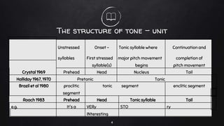 The structure of tone - unit
4
Unstressed Onset - Tonic syllable where Continuation and
syllables First stressed major pitch movement completion of
syllable(s) begins pitch movement
Crystal 1969 Prehead Head Nucleus Tail
Halliday 1967, 1970 Pretonic Tonic
Brazil et al 1980 proclitic tonic segment enclitic segment
segment
Roach 1983 Prehead Head Tonic syllable Tail
e.g. It's a VERy STO ry
INteresting
 