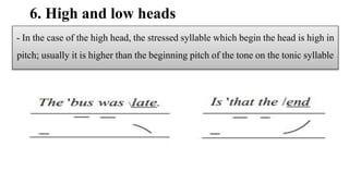 6. High and low heads
- In the case of the high head, the stressed syllable which begin the head is high in
pitch; usually it is higher than the beginning pitch of the tone on the tonic syllable
 