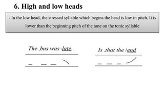 6. High and low heads
- In the low head, the stressed syllable which begins the head is low in pitch. It is
lower than the beginning pitch of the tone on the tonic syllable
 