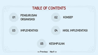 TABLE OF CONTENTS
PENGURUSAN
ORGANISASI
KESIMPULAN
KONSEP
01 02
05
IMPLEMENTASI HASIL IMPLEMENTASI
03 04
Next >>
<< Previous
 