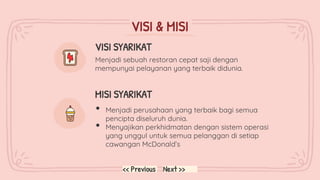 VISI SYARIKAT
VISI & MISI
MISI SYARIKAT
• Menjadi perusahaan yang terbaik bagi semua
pencipta diseluruh dunia.
• Menyajikan perkhidmatan dengan sistem operasi
yang unggul untuk semua pelanggan di setiap
cawangan McDonald’s
Menjadi sebuah restoran cepat saji dengan
mempunyai pelayanan yang terbaik didunia.
Next >>
<< Previous
 