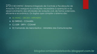 blogdacomissariadebordo.blogspot.com.br
273 O SICONFAC (Sistema Integrado de Controle e Fiscalização de
Aviação Civil) assegura as condições necessárias à operação e ao
desenvolvimento das atividades de aviação civil, de forma ordenada,
eficiente e econômica. Os órgãos que compõe o sistema são:
 A) ANAC - DECEA - INFRAERO
 B) DIRENG - COMARA
 C) GER - SRPV - COMAR
 D) Comando da Aeronáutica - Ministério das Comunicações
 