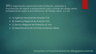 blogdacomissariadebordo.blogspot.com.br
392 A organização responsável pela instalação, operação e
manutenção de órgãos e equipamentos para controle de tráfego aéreo,
estabelecendo regras e procedimentos de tráfego aéreo, é o (a):
 A) Agência Nacional de Aviação Civil
 B) Gerência Regional de Aviação Civil
 C) Serviço Regional de Proteção ao Voo
 D) Departamento de Controle do Espaço Aéreo
 