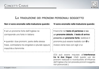 8M. Agogliati - R.Sicuro
Concetti Chiave
La traduzione dei pronomi personali soggetto
Non vi sono anomalie nella traduzione quando:
• ad un pronome forte dell’inglese ne
corrisponde uno forte in italiano
• quando i due pronomi, parte della stessa
frase, contrastano tra singolare e plurale oppure
maschile e femminile
Vi sono anomalie nella traduzione quando:
• benché nel testo di partenza vi sia
un pronome debole, il testo di arrivo
presenta un pronome forte, laddove il
pronome può essere tradotto con Ø e
invece viene reso con egli o lui
(Ciò può essere imputato all’interferenza
tra le due lingue: infatti questo uso dei
pronomi realizzati è riconducibile all’influenza
dell’inglese che non prevede pronomi soggetto
non pronunciati.)
 