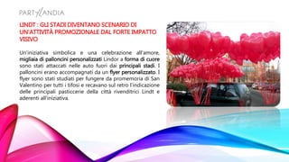 LINDT : GLI STADI DIVENTANO SCENARIO DI
UN’ATTIVITÀ PROMOZIONALE DAL FORTE IMPATTO
VISIVO
Un’iniziativa simbolica e una celebrazione all’amore,
migliaia di palloncini personalizzati Lindor a forma di cuore
sono stati attaccati nelle auto fuori dai principali stadi. I
palloncini erano accompagnati da un flyer personalizzato. I
flyer sono stati studiati per fungere da promemoria di San
Valentino per tutti i tifosi e recavano sul retro l’indicazione
delle principali pasticcerie della città rivenditrici Lindt e
aderenti all’iniziativa.
 