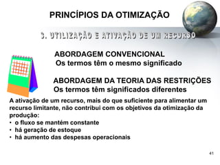 41
PRINCÍPIOS DA OTIMIZAÇÃO
ABORDAGEM CONVENCIONAL
Os termos têm o mesmo significado
ABORDAGEM DA TEORIA DAS RESTRIÇÕES
Os termos têm significados diferentes
A ativação de um recurso, mais do que suficiente para alimentar um
recurso limitante, não contribui com os objetivos da otimização da
produção:
• o fluxo se mantém constante
• há geração de estoque
• há aumento das despesas operacionais
 