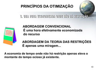 43
PRINCÍPIOS DA OTIMIZAÇÃO
ABORDAGEM CONVENCIONAL
É uma hora efetivamente economizada
do recurso
ABORDAGEM DA TEORIA DAS RESTRIÇÕES
É apenas uma miragem...
A economia de tempo onde não há restrição apenas eleva o
montante do tempo ocioso já existente.
 