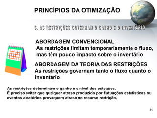 44
PRINCÍPIOS DA OTIMIZAÇÃO
ABORDAGEM CONVENCIONAL
As restrições limitam temporariamente o fluxo,
mas têm pouco impacto sobre o inventário
ABORDAGEM DA TEORIA DAS RESTRIÇÕES
As restrições governam tanto o fluxo quanto o
inventário
As restrições determinam o ganho e o nível dos estoques.
É preciso evitar que qualquer atraso produzido por flutuações estatísticas ou
eventos aleatórios provoquem atraso no recurso restrição.
 