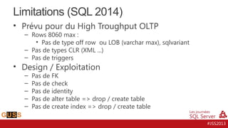 Limitations (SQL 2014)
• Prévu pour du High Troughput OLTP

– Rows 8060 max :
• Pas de type off row ou LOB (varchar max), sqlvariant
– Pas de types CLR (XML ...)
– Pas de triggers

• Design / Exploitation
–
–
–
–
–

Pas de FK
Pas de check
Pas de identity
Pas de alter table => drop / create table
Pas de create index => drop / create table
#JSS2013

 