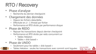 RTO / Recovery
• Phase d’analyse

– Recherche du dernier checkpoint

• Chargement des données

– Depuis les fichiers data/delta
– Effectuée en // : 1 thread par fichier
– Performance et RTO dictés par performance disque

• Phase de REDO

– Rejouer les transactions depuis dernier checkpoint
– Performance et RTO dictés par redo concurrent sur
• Tables Hekaton
• Tables « disk based »

• Phase de UNDO

– Seulement pour les tables « disk based »
– Tables Hekaton : seules les transactions avec commit sont loguées
#JSS2013

 