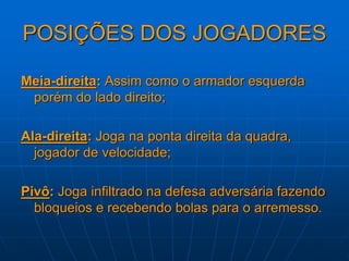 POSIÇÕES DOS JOGADORES
Meia-direita: Assim como o armador esquerda
porém do lado direito;
Ala-direita: Joga na ponta direita da quadra,
jogador de velocidade;
Pivô: Joga infiltrado na defesa adversária fazendo
bloqueios e recebendo bolas para o arremesso.
 