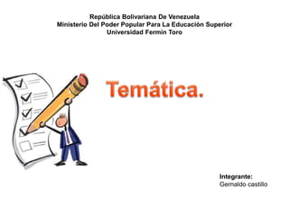 Asignatura:
Gestión Ambiental
Integrante:
Gernaldo castillo
República Bolivariana De Venezuela
Ministerio Del Poder Popular Para La Educación Superior
Universidad Fermín Toro
 