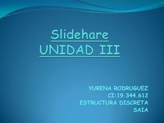 SlidehareUNIDAD III YURENA RODRUGUEZ CI:19.344.612 ESTRUCTURA DISCRETA  SAIA 