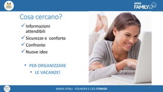 Maria Vitali – Ceo Its4kidsMARIA VITALI - FOUNDER E CEO ITS4KIDS
Cosa cercano?
Informazioni
attendibili
Sicurezze e conforto
Confronto
Nuove idee
• PER ORGANIZZARE
• LE VACANZE!
18
 