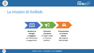 Maria Vitali – Ceo Its4kidsMARIA VITALI - FOUNDER E CEO ITS4KIDS
La mission di Its4kids
2
Aiutiamo le
famiglie
a viaggiare,
con informazioni
e suggerimenti.
Facciamo
conoscere
le migliori realtà
a “misura di
bambino”.
Promuoviamo
un turismo
attento
alle esigenze
delle famiglie.
 