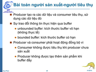 29 01/2015Duy Phan
Bài toán người sản xuất-người tiêu thụ
 Producer tạo ra các dữ liệu và consumer tiêu thụ, sử
dụng các dữ liệu đó
 Sự trao đổi thông tin thực hiện qua buffer
 unbounded buffer: kích thước buffer vô hạn
(không thực tế)
 bounded buffer: kích thước buffer có hạn
 Producer và consumer phải hoạt động đồng bộ vì
 Consumer không được tiêu thụ khi producer chưa
sản xuất
 Producer không được tạo thêm sản phẩm khi
buffer đầy
 