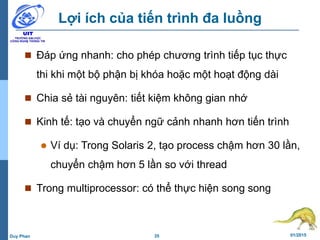 35 01/2015Duy Phan
Lợi ích của tiến trình đa luồng
 Đáp ứng nhanh: cho phép chương trình tiếp tục thực
thi khi một bộ phận bị khóa hoặc một hoạt động dài
 Chia sẻ tài nguyên: tiết kiệm không gian nhớ
 Kinh tế: tạo và chuyển ngữ cảnh nhanh hơn tiến trình
 Ví dụ: Trong Solaris 2, tạo process chậm hơn 30 lần,
chuyển chậm hơn 5 lần so với thread
 Trong multiprocessor: có thể thực hiện song song
 