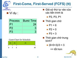 18 Định thời CPUDuy Phan
First-Come, First-Served (FCFS) (tt)
 Giả sử thứ tự vào của
các tiến trình là
 P2, P3, P1
 Thời gian chờ
 P1 = 6
 P2 = 0
 P3 = 3
 Thời gian chờ trung
bình?
 (6+0+3)/3 = 3
=> tốt hơn
 Ví dụ :
Process Burst Time
P1 24
P2 3
P3 3
0 3 6 30
P2 P3 P1
Gantt Chart for Schedule
 