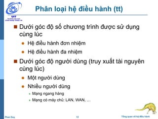 13 Tổng quan về hệ điều hànhPhan Duy
Phân loại hệ điều hành (tt)
 Dưới góc độ số chương trình được sử dụng
cùng lúc
 Hệ điều hành đơn nhiệm
 Hệ điều hành đa nhiệm
 Dưới góc độ người dùng (truy xuất tài nguyên
cùng lúc)
 Một người dùng
 Nhiều người dùng
 Mạng ngang hàng
 Mạng có máy chủ: LAN, WAN, …
 