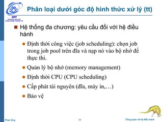 17 Tổng quan về hệ điều hànhPhan Duy
Phân loại dưới góc độ hình thức xử lý (tt)
 Hệ thống đa chương: yêu cầu đối với hệ điều
hành
 Định thời công việc (job scheduling): chọn job
trong job pool trên đĩa và nạp nó vào bộ nhớ để
thực thi.
 Quản lý bộ nhớ (memory management)
 Định thời CPU (CPU scheduling)
 Cấp phát tài nguyên (đĩa, máy in,…)
 Bảo vệ
 