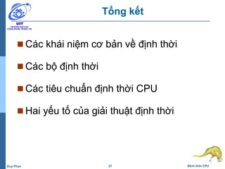 27 Định thời CPUDuy Phan
Tổng kết
 Các khái niệm cơ bản về định thời
 Các bộ định thời
 Các tiêu chuẩn định thời CPU
 Hai yếu tố của giải thuật định thời
 
