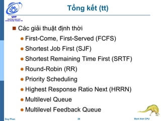28 Định thời CPUDuy Phan
Tổng kết (tt)
 Các giải thuật định thời
 First-Come, First-Served (FCFS)
 Shortest Job First (SJF)
 Shortest Remaining Time First (SRTF)
 Round-Robin (RR)
 Priority Scheduling
 Highest Response Ratio Next (HRRN)
 Multilevel Queue
 Multilevel Feedback Queue
 