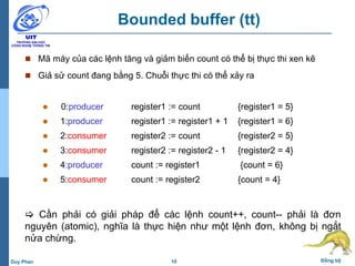 10 Đồng bộDuy Phan
Bounded buffer (tt)
 Mã máy của các lệnh tăng và giảm biến count có thể bị thực thi xen kẽ
 Giả sử count đang bằng 5. Chuỗi thực thi có thể xảy ra
 0:producer register1 := count {register1 = 5}
 1:producer register1 := register1 + 1 {register1 = 6}
 2:consumer register2 := count {register2 = 5}
 3:consumer register2 := register2 - 1 {register2 = 4}
 4:producer count := register1 {count = 6}
 5:consumer count := register2 {count = 4}
 Cần phải có giải pháp để các lệnh count++, count-- phải là đơn
nguyên (atomic), nghĩa là thực hiện như một lệnh đơn, không bị ngắt
nửa chừng.
 