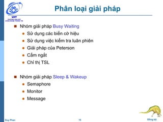 15 Đồng bộDuy Phan
Phân loại giải pháp
 Nhóm giải pháp Busy Waiting
 Sử dụng các biến cờ hiệu
 Sử dụng việc kiểm tra luân phiên
 Giải pháp của Peterson
 Cấm ngắt
 Chỉ thị TSL
 Nhóm giải pháp Sleep & Wakeup
 Semaphore
 Monitor
 Message
 