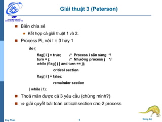 8 Đồng bộDuy Phan
Giải thuật 3 (Peterson)
 Biến chia sẻ
 Kết hợp cả giải thuật 1 và 2.
 Process Pi, với I = 0 hay 1
do {
flag[ i ] = true; /* Process i sẵn sàng */
turn = j; /* Nhường process j */
while (flag[ j ] and turn == j);
critical section
flag[ i ] = false;
remainder section
} while (1);
 Thoả mãn được cả 3 yêu cầu (chứng minh?)
 ⇒ giải quyết bài toán critical section cho 2 process
 