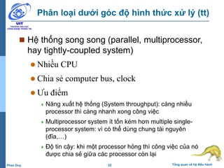 22 Tổng quan về hệ điều hànhPhan Duy
Phân loại dưới góc độ hình thức xử lý (tt)
 Hệ thống song song (parallel, multiprocessor,
hay tightly-coupled system)
 Nhiều CPU
 Chia sẻ computer bus, clock
 Ưu điểm
 Năng xuất hệ thống (System throughput): càng nhiều
processor thì càng nhanh xong công việc
 Multiprocessor system ít tốn kém hơn multiple single-
processor system: vì có thể dùng chung tài nguyên
(đĩa,…)
 Độ tin cậy: khi một processor hỏng thì công việc của nó
được chia sẻ giữa các processor còn lại
 