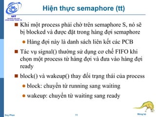 11 Đồng bộDuy Phan
Hiện thực semaphore (tt)
 Khi một process phải chờ trên semaphore S, nó sẽ
bị blocked và được đặt trong hàng đợi semaphore
 Hàng đợi này là danh sách liên kết các PCB
 Tác vụ signal() thường sử dụng cơ chế FIFO khi
chọn một process từ hàng đợi và đưa vào hàng đợi
ready
 block() và wakeup() thay đổi trạng thái của process
 block: chuyển từ running sang waiting
 wakeup: chuyển từ waiting sang ready
 