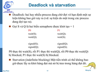 17 Đồng bộDuy Phan
Deadlock và starvation
 Deadlock: hai hay nhiều process đang chờ đợi vô hạn định một sự
kiện không bao giờ xảy ra (vd: sự kiện do một trong các process
đang đợi tạo ra).
 Gọi S và Q là hai biến semaphore được khởi tạo = 1
P0 P1
wait(S); wait(Q);
wait(Q); wait(S);
signal(S); signal(Q);
signal(Q); signal(S);
P0 thực thi wait(S), rồi P1 thực thi wait(Q), rồi P0 thực thi wait(Q)
bị blocked, P1 thực thi wait(S) bị blocked.
 Starvation (indefinite blocking) Một tiến trình có thể không bao
giờ được lấy ra khỏi hàng đợi mà nó bị treo trong hàng đợi đó.
 