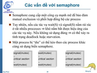 28 Đồng bộDuy Phan
Các vấn đề với semaphore
 Semaphore cung cấp một công cụ mạnh mẽ để bảo đảm
mutual exclusion và phối hợp đồng bộ các process
 Tuy nhiên, nếu các tác vụ wait(S) và signal(S) nằm rải rác
ở rất nhiều processes ⇒ khó nắm bắt được hiệu ứng của
các tác vụ này. Nếu không sử dụng đúng ⇒ có thể xảy ra
tình trạng deadlock hoặc starvation.
 Một process bị “die” có thể kéo theo các process khác
cùng sử dụng biến semaphore.
signal(mutex)
…
critical section
…
wait(mutex)
wait(mutex)
…
critical section
…
wait(mutex)
signal(mutex)
…
critical section
…
signal(mutex)
 
