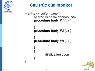 33 Đồng bộDuy Phan
Cấu trúc của monitor
monitor monitor-name{
shared variable declarations
procedure body P1 (…) {
. . .
}
procedure body P2 (…) {
. . .
}
procedure body Pn (…) {
. . .
}
{
initialization code
}
}
 