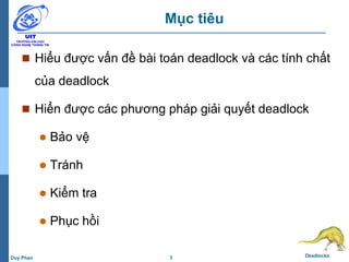 3 DeadlocksDuy Phan
Mục tiêu
 Hiểu được vấn đề bài toán deadlock và các tính chất
của deadlock
 Hiển được các phương pháp giải quyết deadlock
 Bảo vệ
 Tránh
 Kiểm tra
 Phục hồi
 