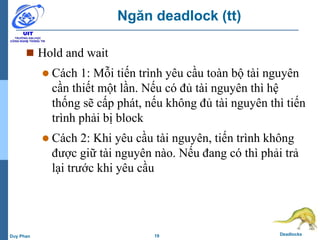 19 DeadlocksDuy Phan
Ngăn deadlock (tt)
 Hold and wait
 Cách 1: Mỗi tiến trình yêu cầu toàn bộ tài nguyên
cần thiết một lần. Nếu có đủ tài nguyên thì hệ
thống sẽ cấp phát, nếu không đủ tài nguyên thì tiến
trình phải bị block
 Cách 2: Khi yêu cầu tài nguyên, tiến trình không
được giữ tài nguyên nào. Nếu đang có thì phải trả
lại trước khi yêu cầu
 