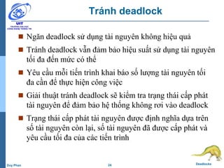 24 DeadlocksDuy Phan
Tránh deadlock
 Ngăn deadlock sử dụng tài nguyên không hiệu quả
 Tránh deadlock vẫn đảm bảo hiệu suất sử dụng tài nguyên
tối đa đến mức có thể
 Yêu cầu mỗi tiến trình khai báo số lượng tài nguyên tối
đa cần để thực hiện công việc
 Giải thuật tránh deadlock sẽ kiểm tra trạng thái cấp phát
tài nguyên để đảm bảo hệ thống không rơi vào deadlock
 Trạng thái cấp phát tài nguyên được định nghĩa dựa trên
số tài nguyên còn lại, số tài nguyên đã được cấp phát và
yêu cầu tối đa của các tiến trình
 