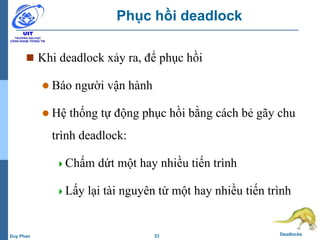 23 DeadlocksDuy Phan
Phục hồi deadlock
 Khi deadlock xảy ra, để phục hồi
 Báo người vận hành
 Hệ thống tự động phục hồi bằng cách bẻ gãy chu
trình deadlock:
Chấm dứt một hay nhiều tiến trình
Lấy lại tài nguyên từ một hay nhiều tiến trình
 