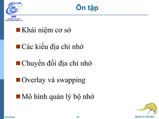 32 Quản lý bộ nhớDuy Phan
Ôn tập
Khái niệm cơ sở
Các kiểu địa chỉ nhớ
Chuyển đổi địa chỉ nhớ
Overlay và swapping
Mô hình quản lý bộ nhớ
 