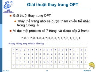 16 Bộ nhớ ảoDuy Phan
Giải thuật thay trang OPT
 Giải thuật thay trang OPT
 Thay thế trang nhớ sẽ được tham chiếu trễ nhất
trong tương lai
 Ví dụ: một process có 7 trang, và được cấp 3 frame
 
