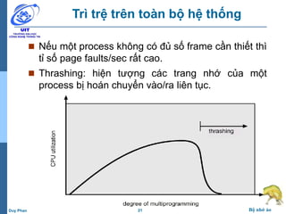 21 Bộ nhớ ảoDuy Phan
Trì trệ trên toàn bộ hệ thống
 Nếu một process không có đủ số frame cần thiết thì
tỉ số page faults/sec rất cao.
 Thrashing: hiện tượng các trang nhớ của một
process bị hoán chuyển vào/ra liên tục.
 