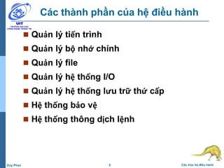 5 Cấu trúc hệ điều hànhDuy Phan
Các thành phần của hệ điều hành
 Quản lý tiến trình
 Quản lý bộ nhớ chính
 Quản lý file
 Quản lý hệ thống I/O
 Quản lý hệ thống lưu trữ thứ cấp
 Hệ thống bảo vệ
 Hệ thống thông dịch lệnh
 