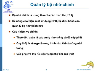 8 Cấu trúc hệ điều hànhDuy Phan
Quản lý bộ nhớ chính
 Bộ nhớ chính là trung tâm của các thao tác, xử lý
 Để nâng cao hiệu suất sử dụng CPU, hệ điều hành cần
quản lý bộ nhớ thích hợp
 Các nhiệm vụ chính:
 Theo dõi, quản lý các vùng nhớ trống và đã cấp phát
 Quyết định sẽ nạp chương trình nào khi có vùng nhớ
trống
 Cấp phát và thu hồi các vùng nhớ khi cần thiết
 
